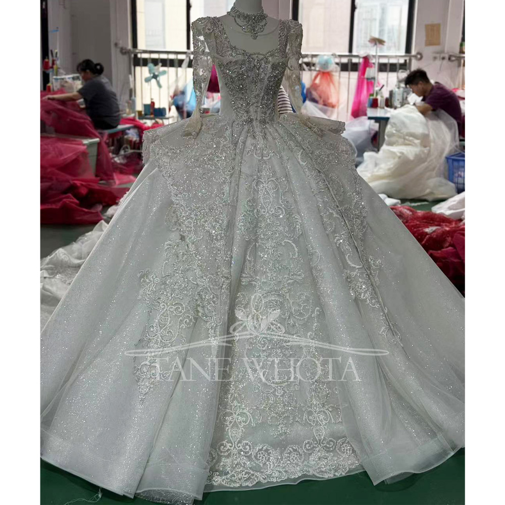 Embroidery Organza - 크리스탈 스팽글 브라이덜 드레스 O-넥 긴팔