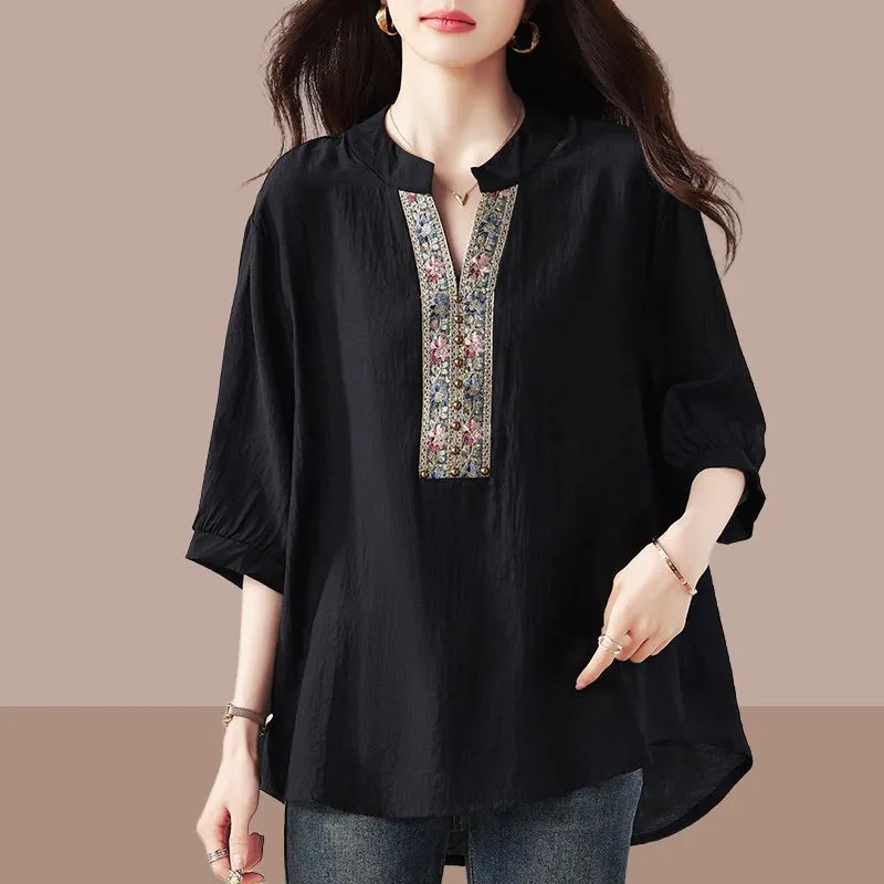 Embroidery Blouse - 블랙 보헤미안 루즈 블라우스, 플로럴 자수