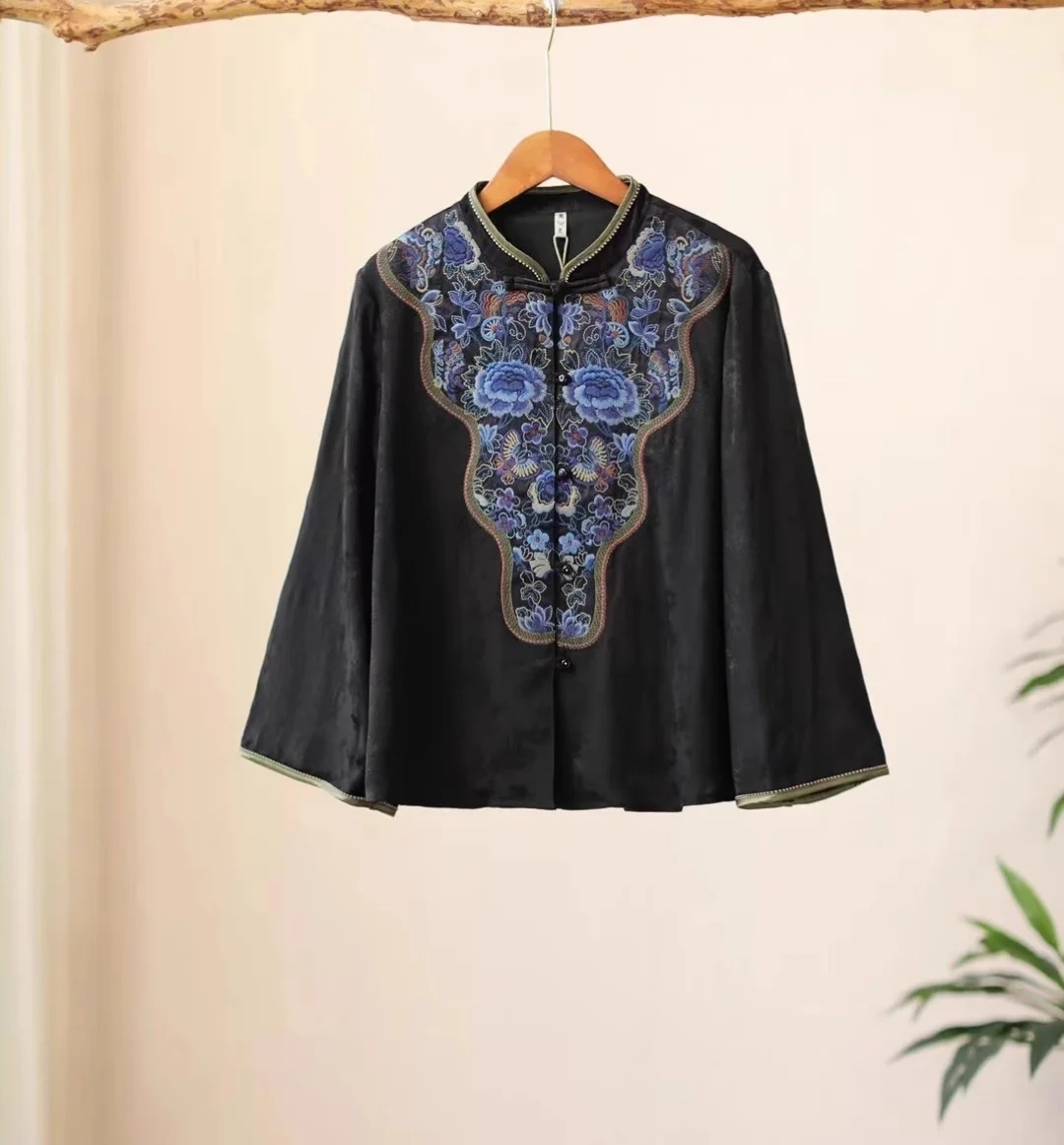 여성을위한 럭셔리 봄 블라우스 블랙 레이온 자카드 빈티 - Embroidery On Black Shirt 리뷰 및 가격