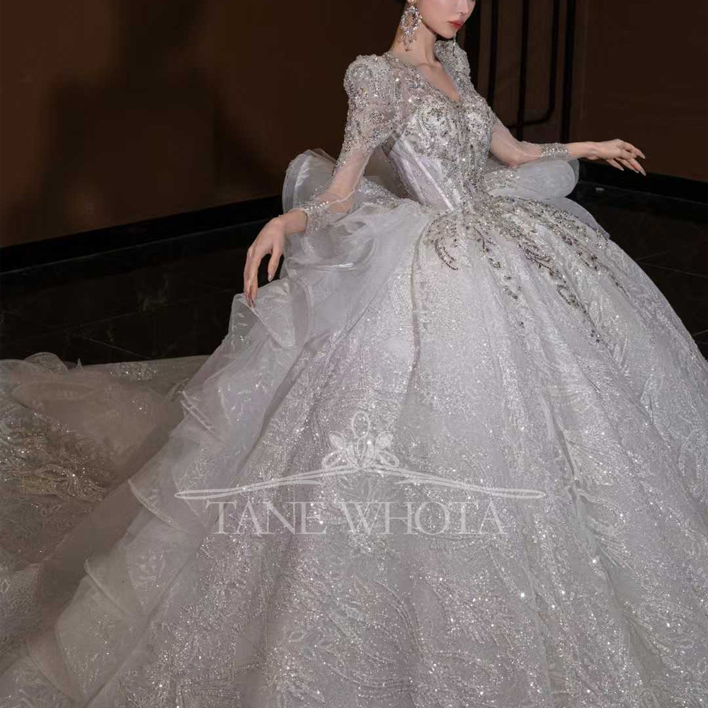 럭셔리 V넥 웨딩드레스 긴팔 레이스업 키홀 백 자수 스 - Embroidery Organza 리뷰 및 가격