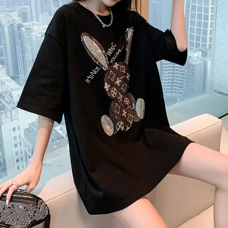 여성용 여름 캐주얼 티셔츠: 다이아몬드 카툰 프린트 반 - Embroidery A 리뷰 및 가격