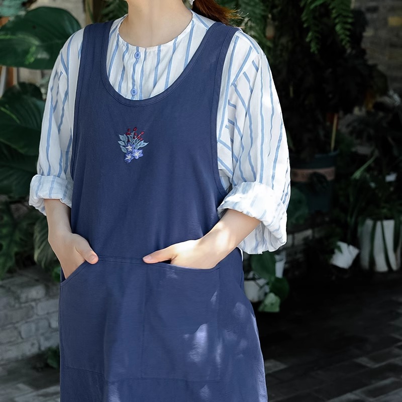 여름 순수 코튼 자수 주방 앞치마 주머니가있는 여성용  - Embroidery Kitchen 리뷰 및 가격