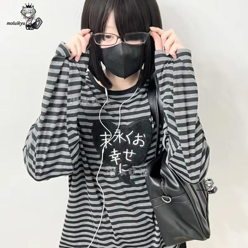 Y2K 아메리칸 펑크 빈티지 O 넥 긴팔 셔츠 올 매치 - Embroidery Blouse 리뷰 및 가격