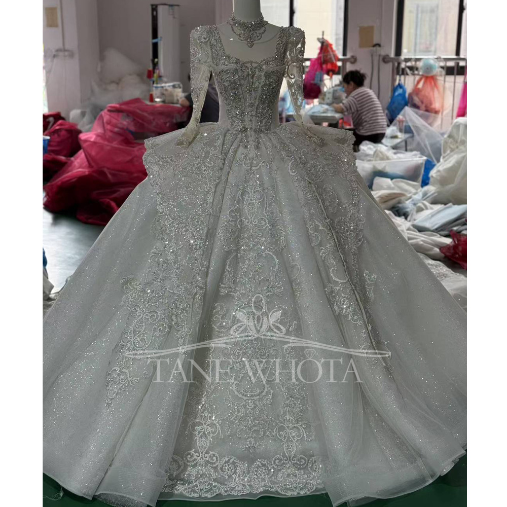크리스탈 스팽글 브라이덜 드레스 O-넥 긴팔 레이스업  - Embroidery Organza 리뷰 및 가격