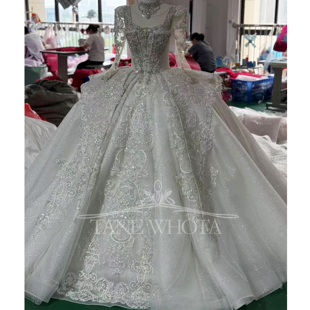 크리스탈 스팽글 브라이덜 드레스 O-넥 긴팔 레이스업  - Embroidery Organza 리뷰 및 가격