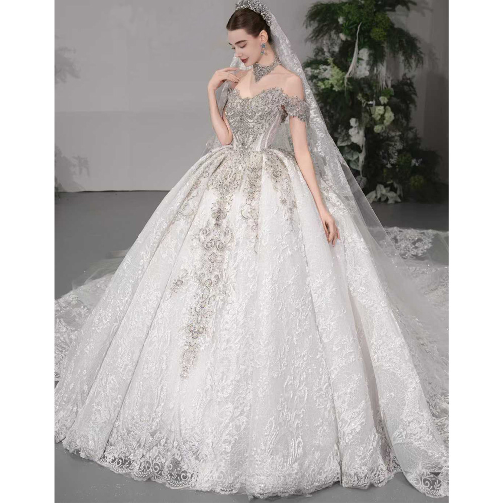 럭셔리 오프숄더 스윗하트 웨딩드레스 2026 자수 크리 - Embroidery Organza 리뷰 및 가격
