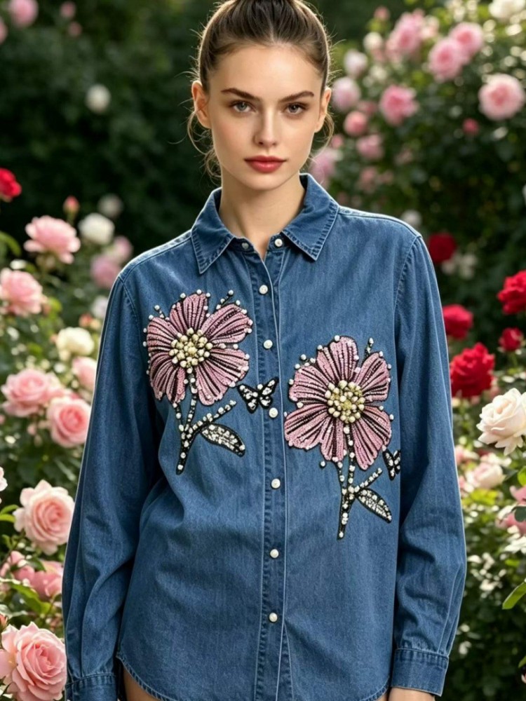 여성 데님 자수 블라우스 봄 가을 긴팔 여성 블라우스  - Embroidery Blouse 리뷰 및 가격