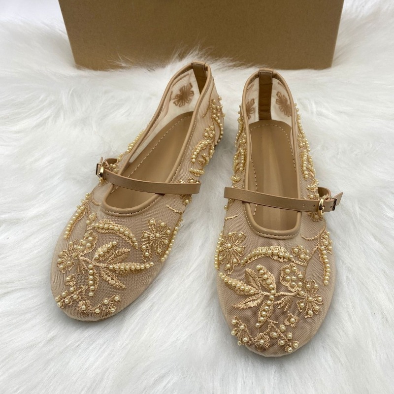 메쉬 자수 스트링 비즈 여성 발레 플랫 통기성 라운드  - Embroidery Designer 리뷰 및 가격