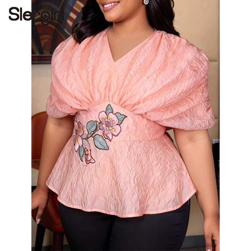 Slergiri 플러스 사이즈 꽃 자수 v 넥 페플럼  - Embroidery Blouse 리뷰 및 가격