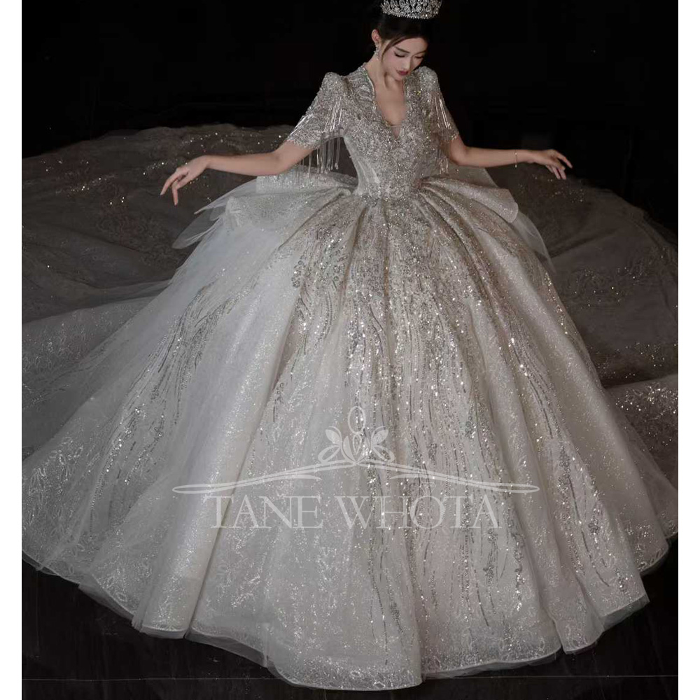 럭셔리 스캘럽드 반팔 비즈 장식 스팽글 볼 가운 웨딩  - Embroidery Organza 리뷰 및 가격