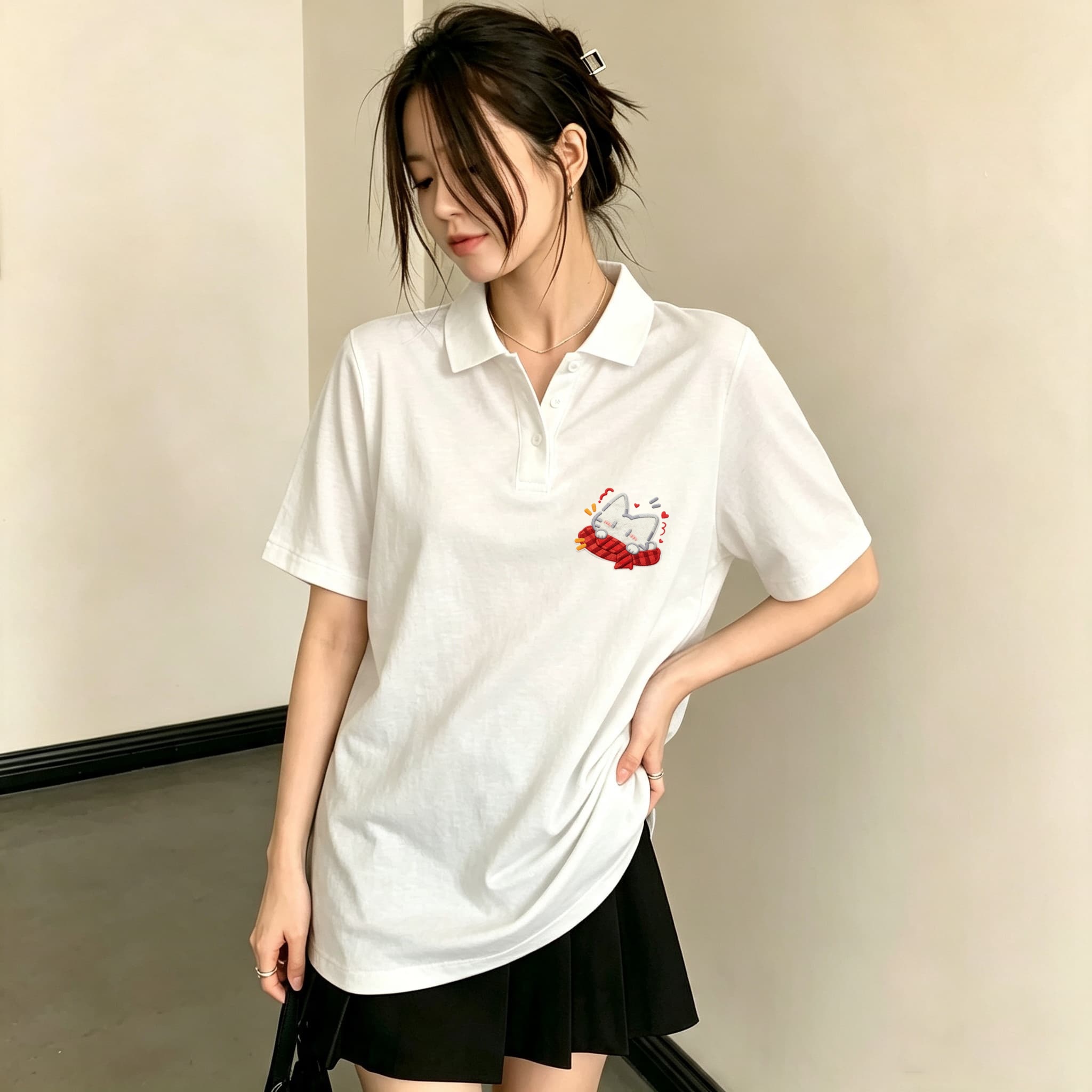 여성용 블랙 라펠 칼라 폴로 셔츠, 빨간 격자무늬 매트 - Embroidery On Black Shirt 리뷰 및 가격