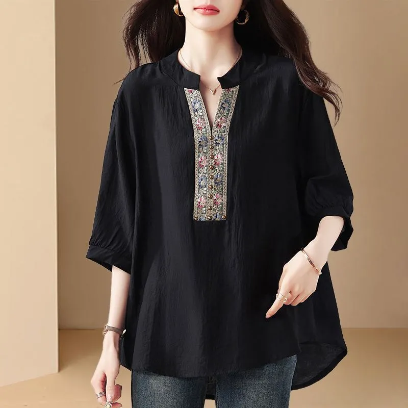 블랙 보헤미안 루즈 블라우스, 플로럴 자수 V넥 반팔  - Embroidery Blouse 리뷰 및 가격
