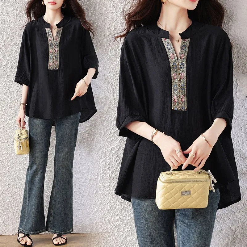 블랙 보헤미안 루즈 블라우스, 플로럴 자수 V넥 반팔  - Embroidery Blouse 리뷰 및 가격
