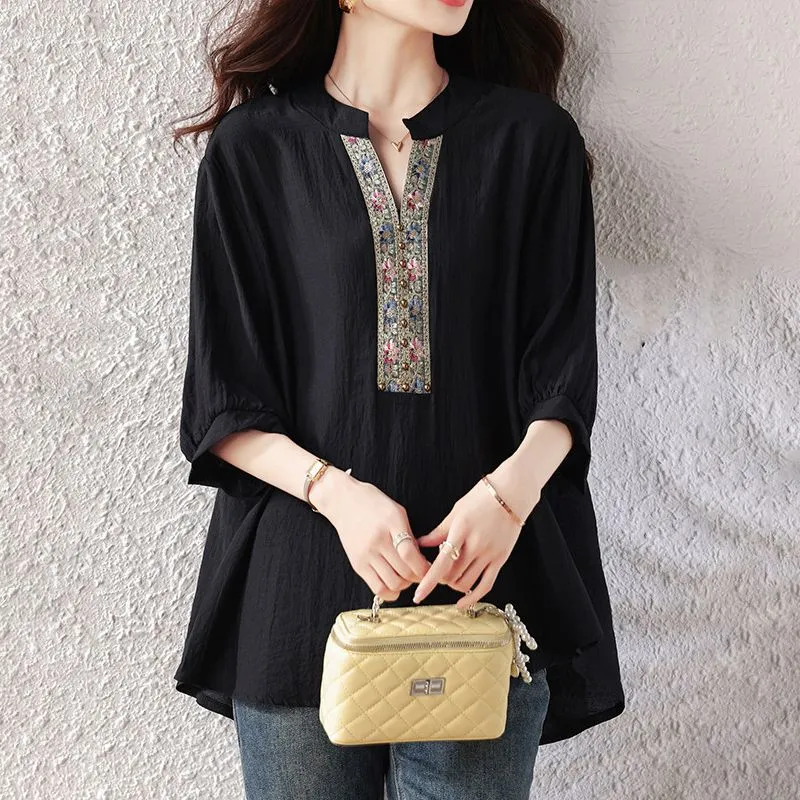 블랙 보헤미안 루즈 블라우스, 플로럴 자수 V넥 반팔  - Embroidery Blouse 리뷰 및 가격