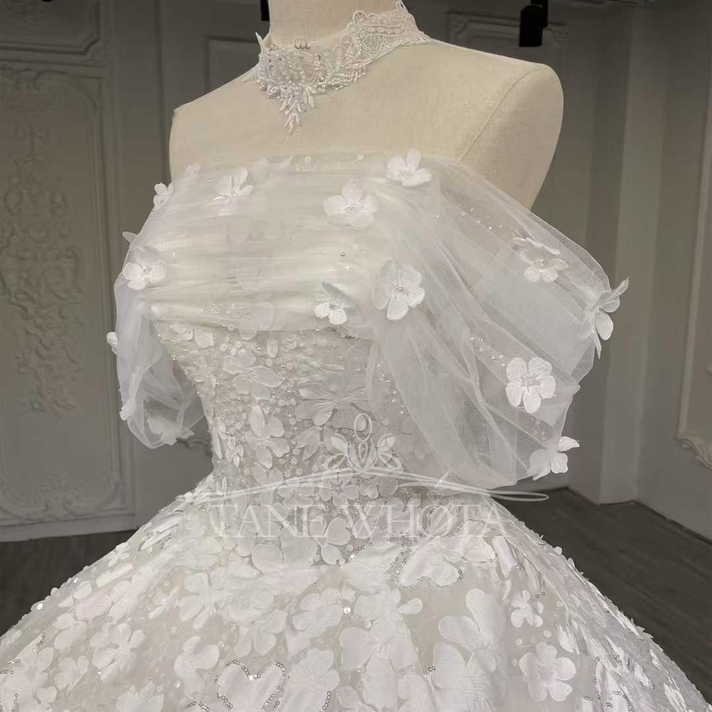 럭셔리 시퀸 웨딩드레스 2025 스트랩리스 오프숄더 레 - Embroidery Organza 리뷰 및 가격